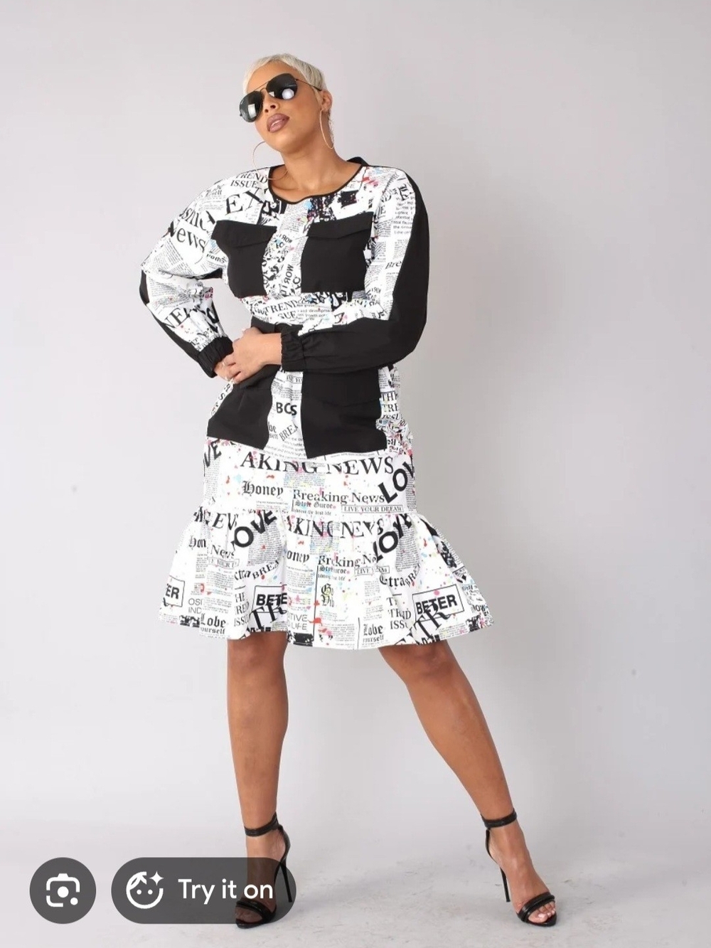 For Her NYC newspaper print dress With Flounce Midi Dress. Size XL